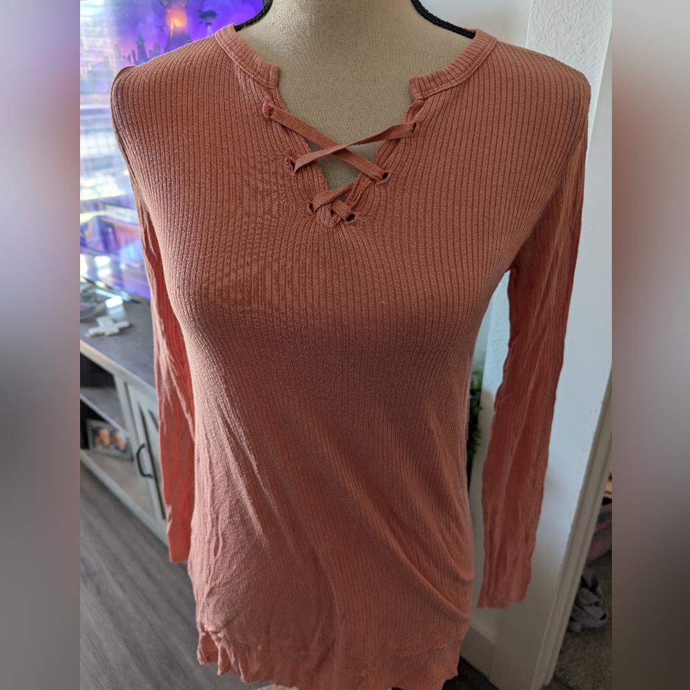 teen Girls Lace-Up Ribbed Top - Pink